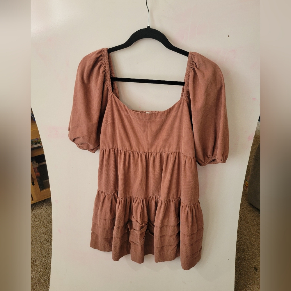 American Eagle Outfitters Light Pink Corduroy Puff Sleeve Babydoll Mini Dress